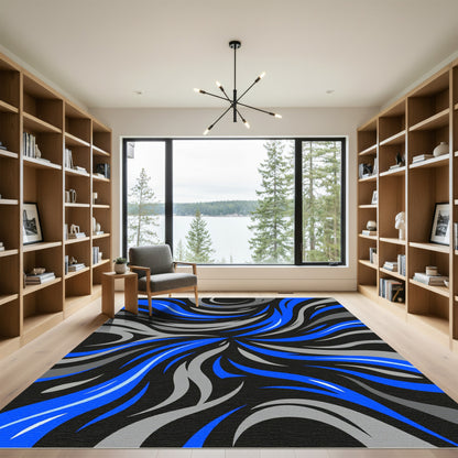 Dynamic Electric Blue Gray Swirl Rug