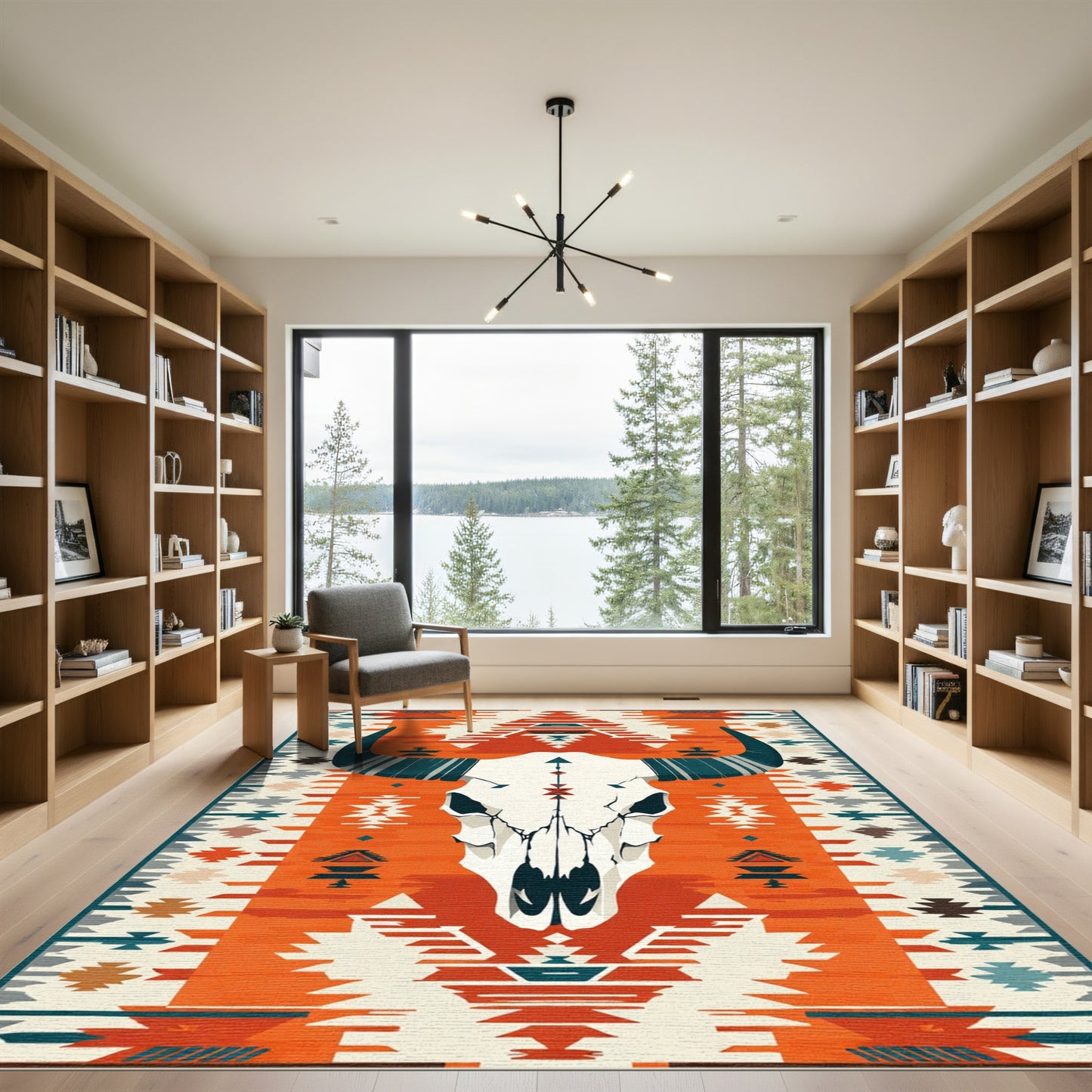 Orange And White Bull Skull Rug