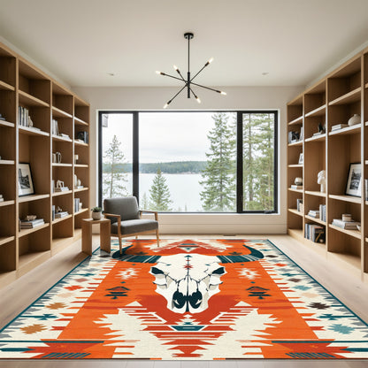 Orange And White Bull Skull Rug