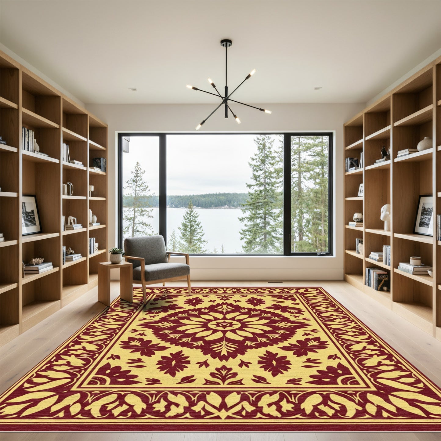 Crimson Yellow Floral Medallion Border Rug