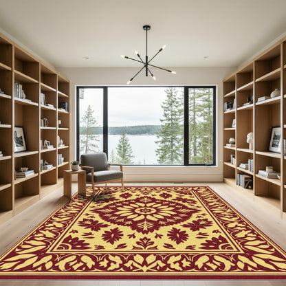 Crimson Yellow Floral Medallion Border Rug