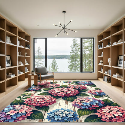 Watercolor Hydrangea Floral Wood Plank Arrangement Rug