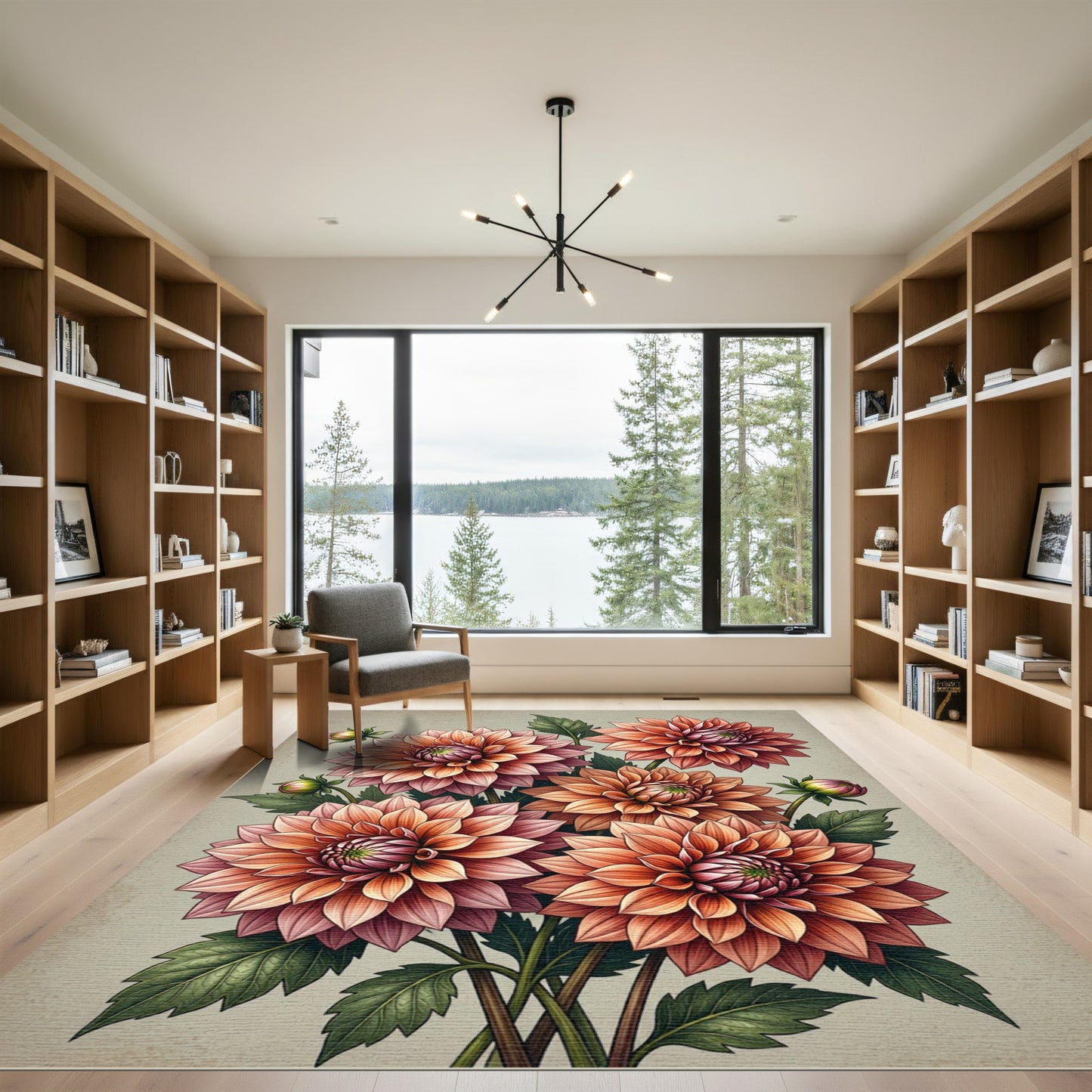 Golden Peach Dahlia Floral Bouquet Rug