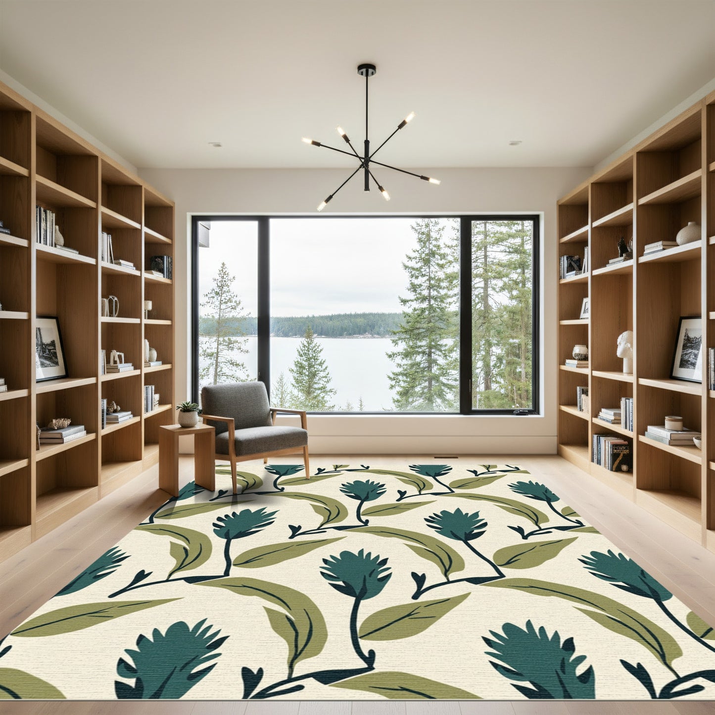 Deep Teal Botanical Leaf Arrangement Rug