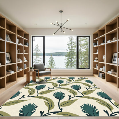 Deep Teal Botanical Leaf Arrangement Rug