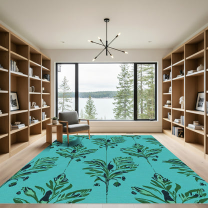 Teal Green Leafy Botanical Stem Rug