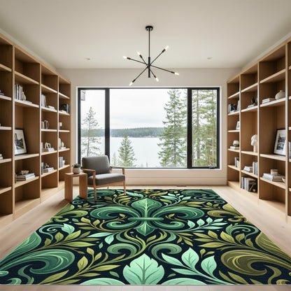 Elegant Emerald Green Fleur-de-lis Scroll Rug