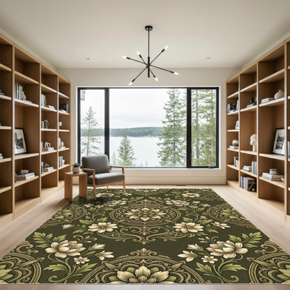 Elegant Olive Green Floral Medallion Rug