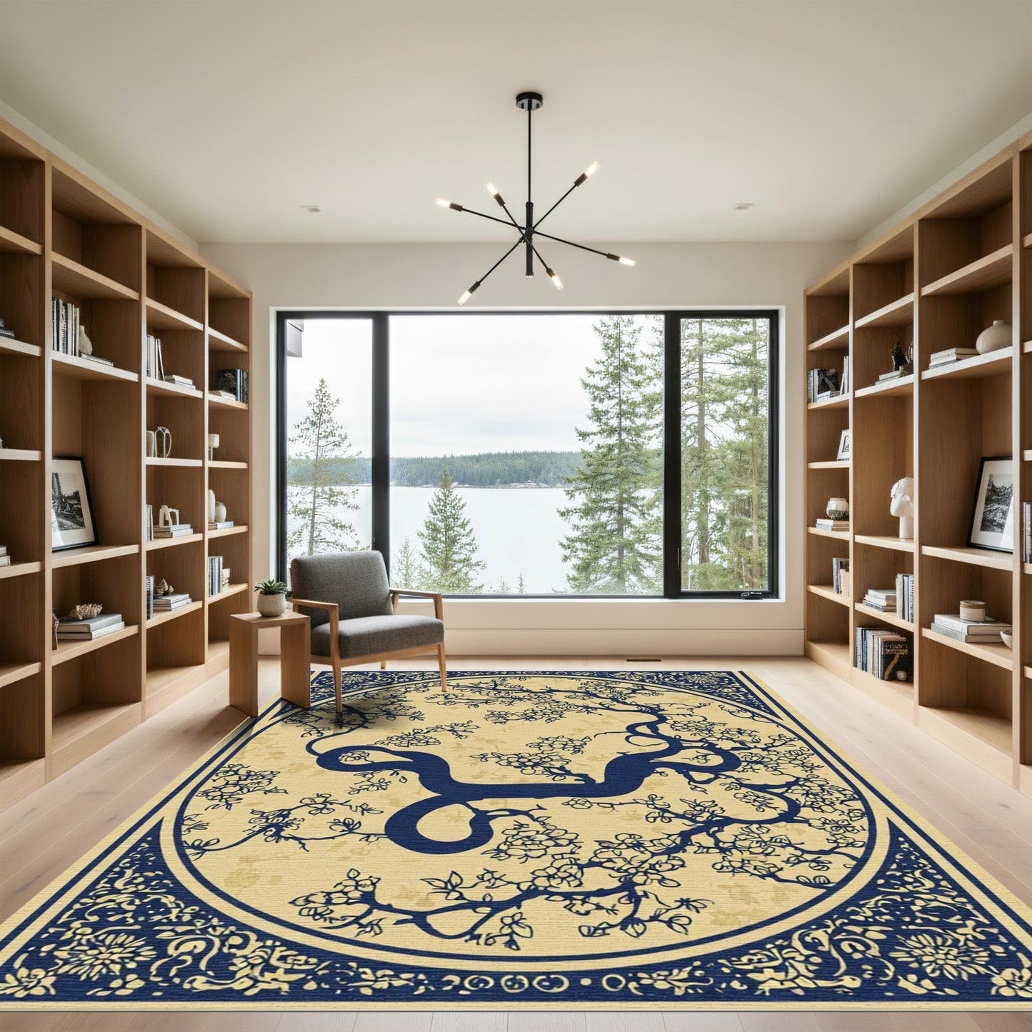 Deep Blue Cherry Blossom Branch Medallion Rug