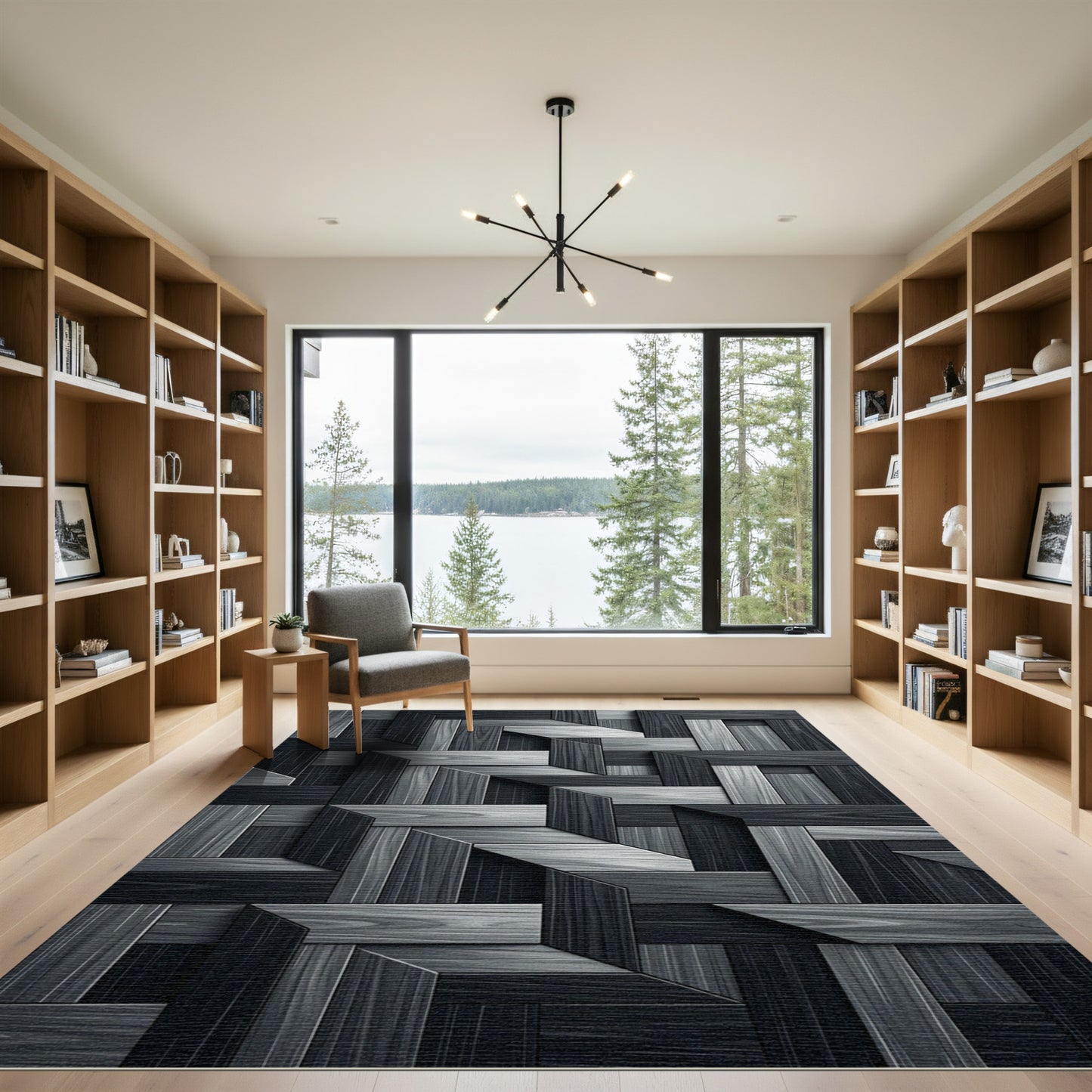 Monochromatic Wood Grain Geometric Overlay Rug