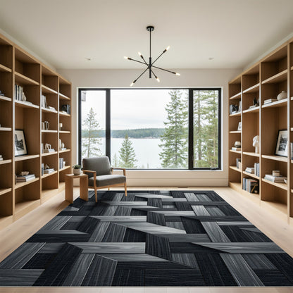 Monochromatic Wood Grain Geometric Overlay Rug