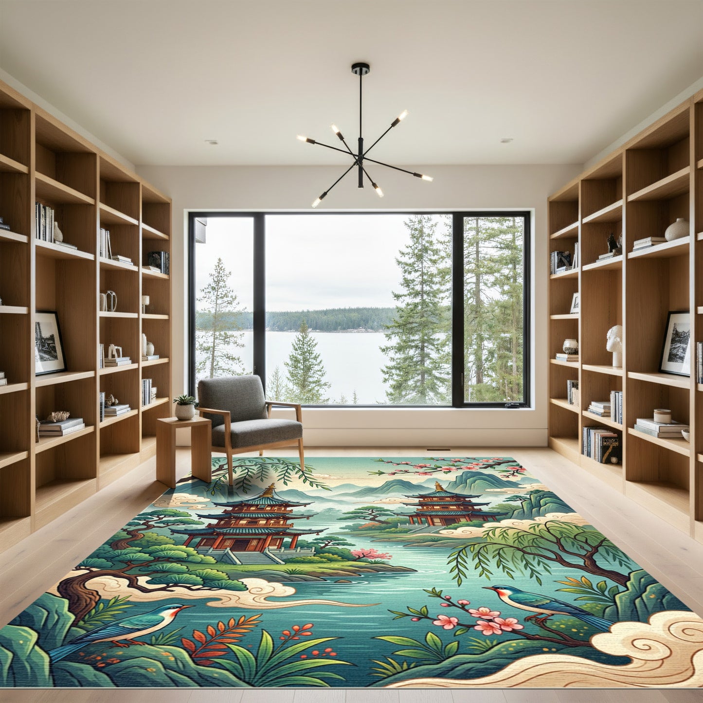 Serene Asian Pagoda Mist Mountain Landscape Rug