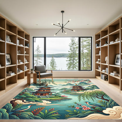 Serene Asian Pagoda Mist Mountain Landscape Rug