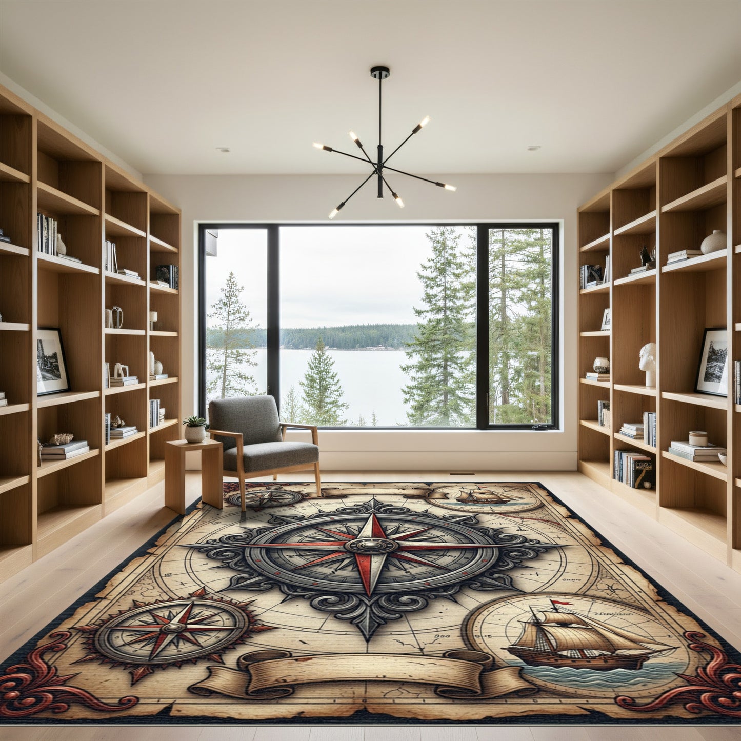 Vintage Nautical Compass Antique Map Rug