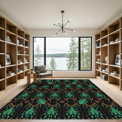 Emerald Scarab Black Folk Art Rug