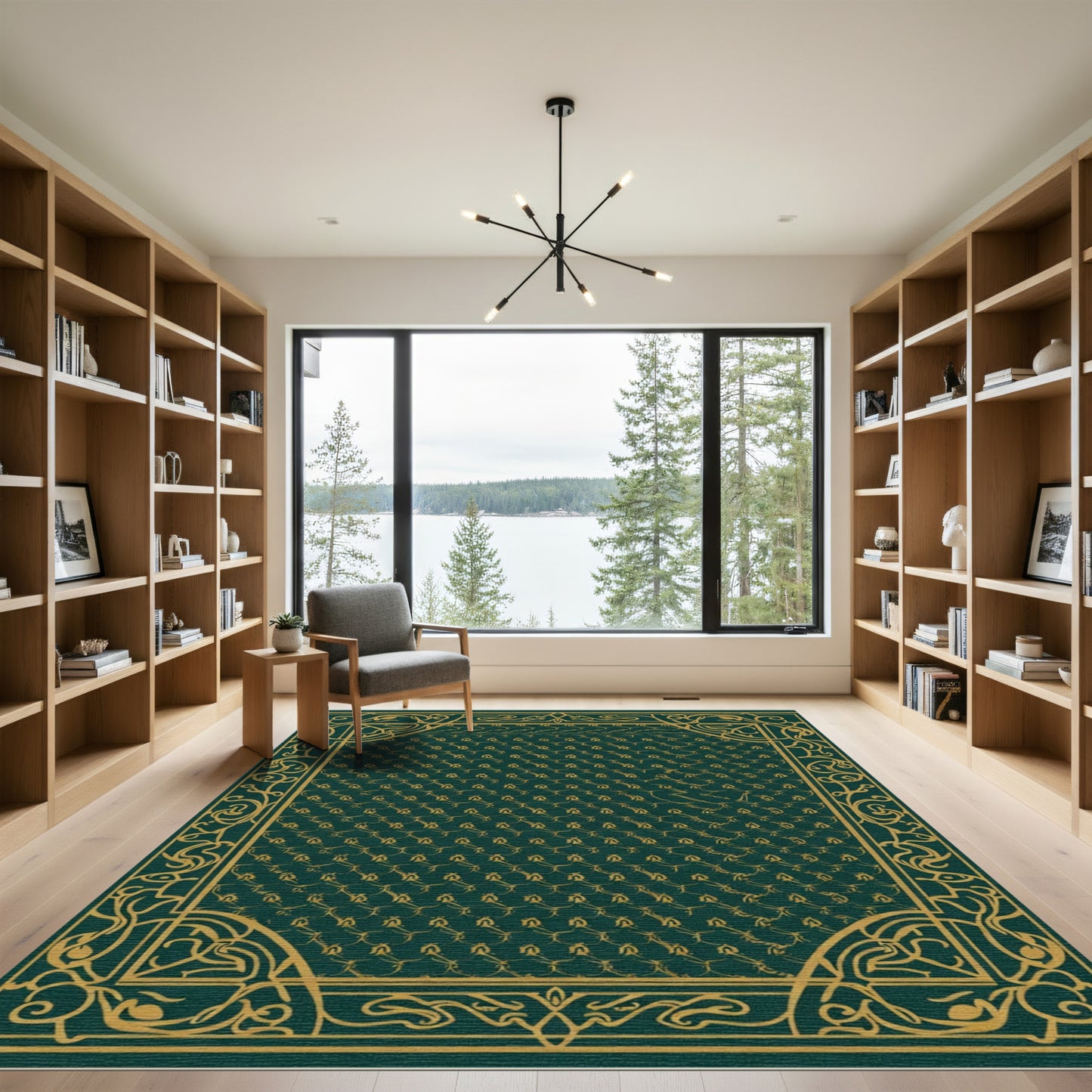 Emerald Green Floral Crest Border Rug