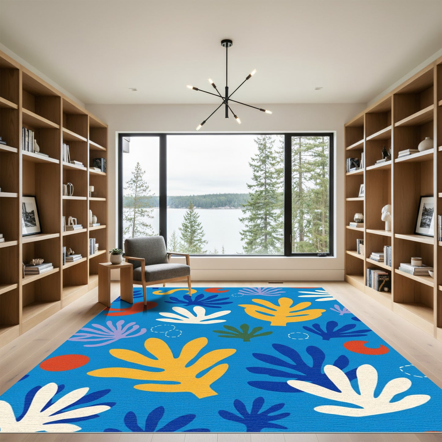 Abstract Botanical Shapes Blue Yellow Rug