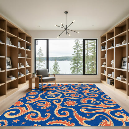 Coral Swirls Stars Blue Rug