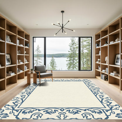 Cream And Navy Ornate Floral Frame Rug
