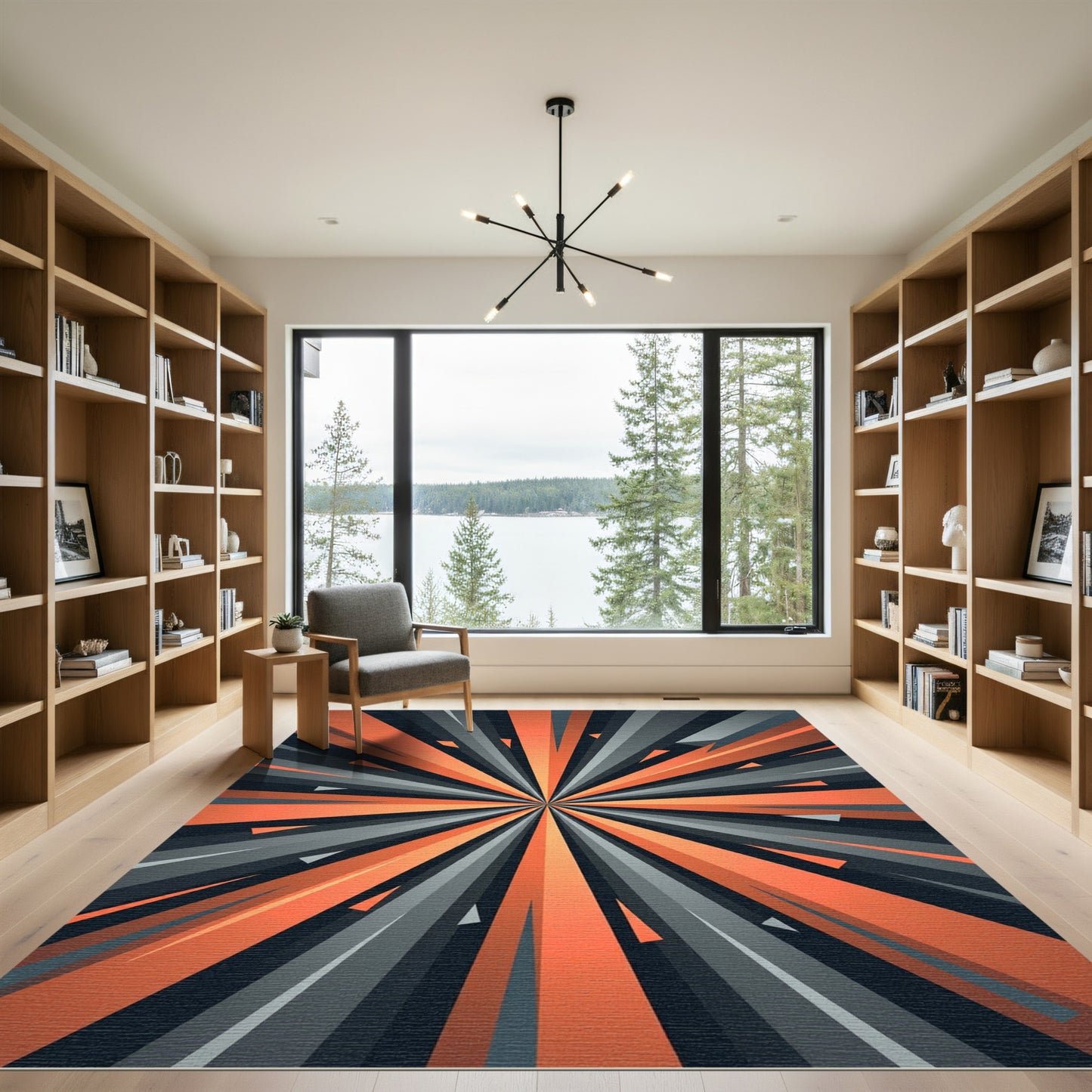 Modern Burnt Orange Gray Radial Burst Rug