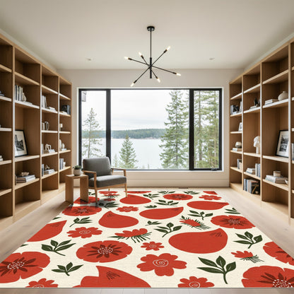Crimson Floral Leaf Arrangement Rug