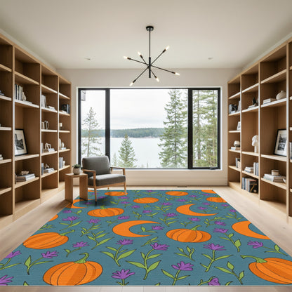 Orange Pumpkin Crescent Moon Floral Rug