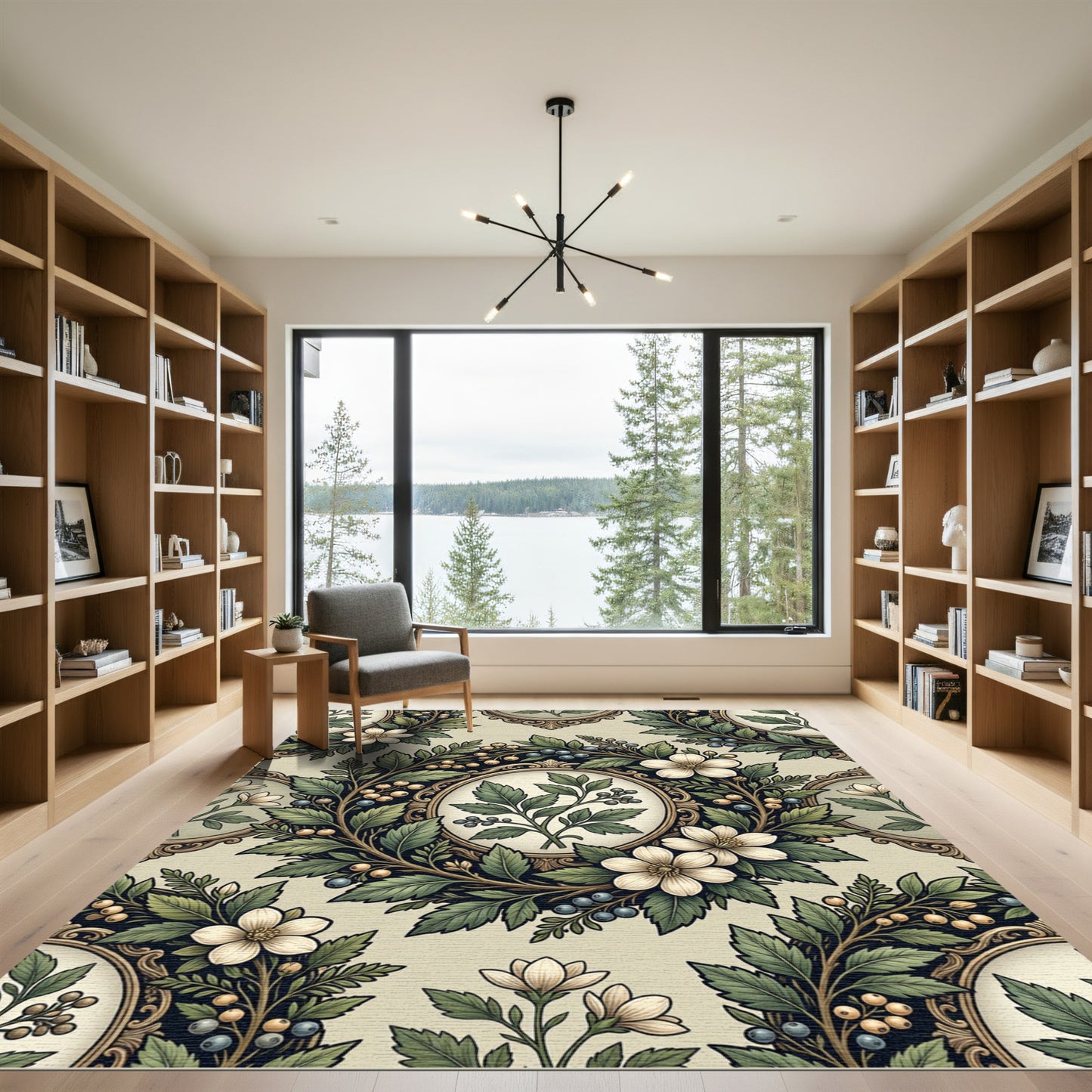 Floral Wreath Framed Botanical Sage Rug