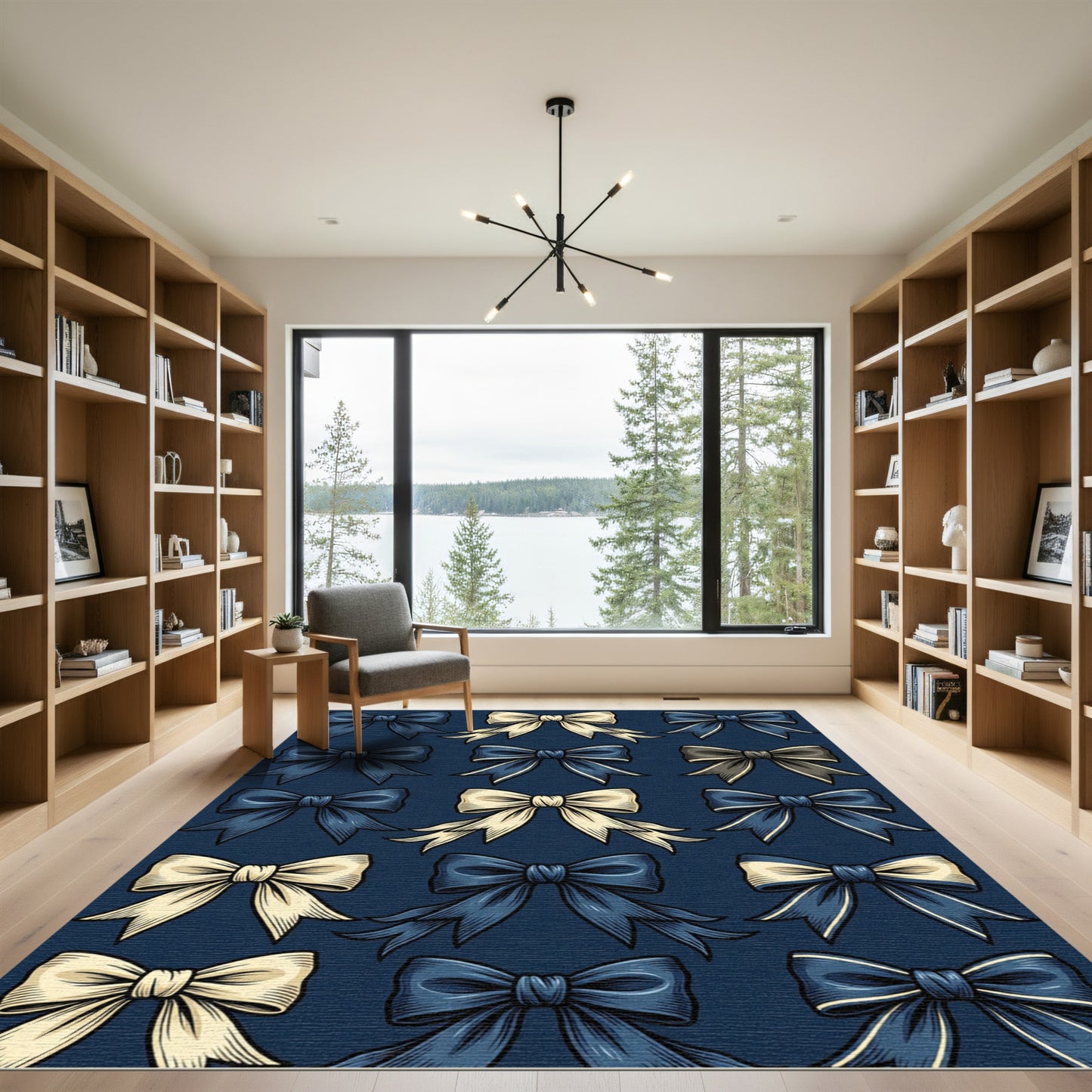 Navy Blue and Cream Ribbon Bows Rug