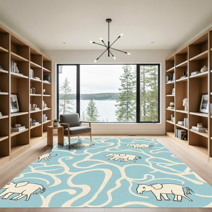 Whimsical Ivory Elephants Blue Swirls Rug