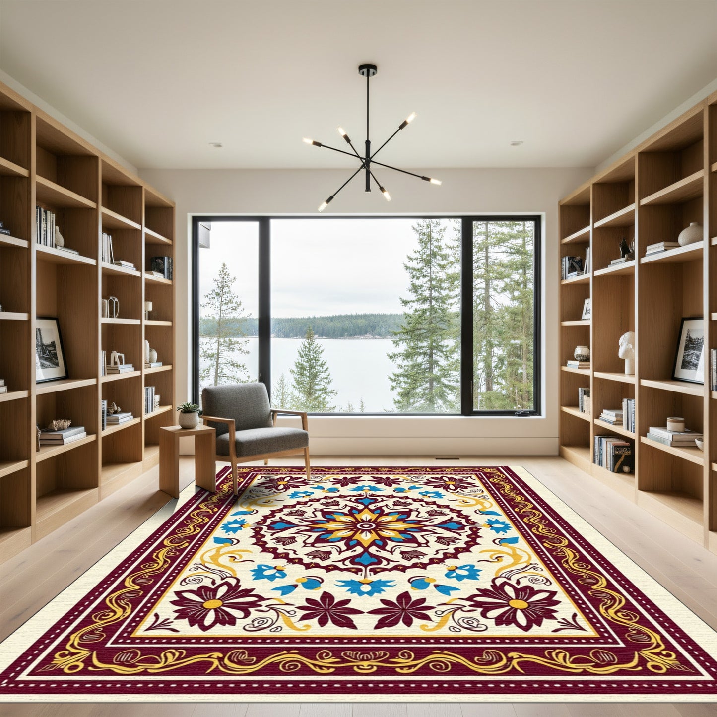 Crimson Blue Yellow Floral Medallion Rug