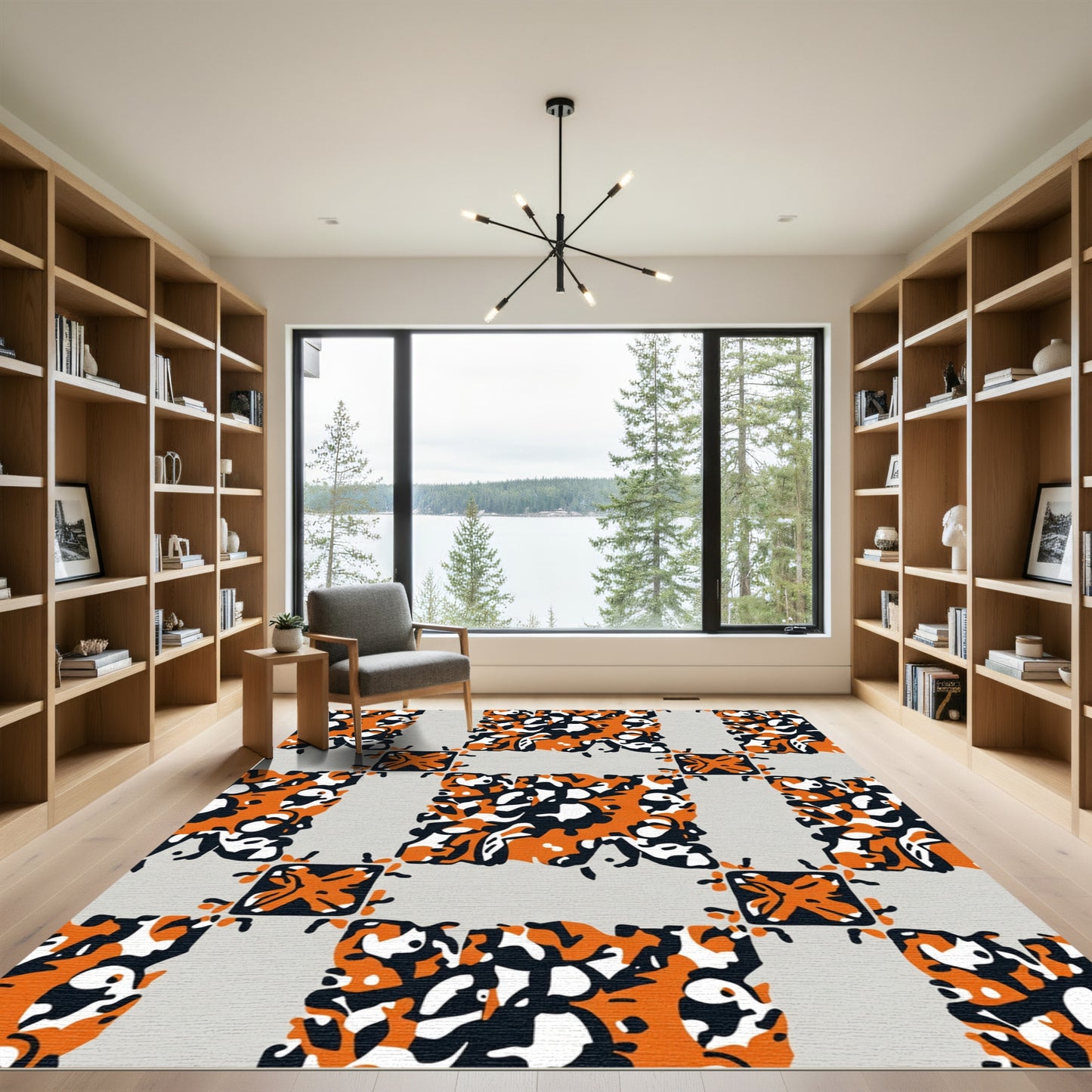 Orange Black White Abstract Grid Rug