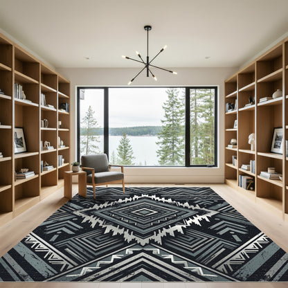 Black Silver Geometric Tribal Diamond Rug
