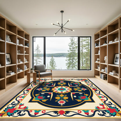 Crimson Teal Golden Floral Medallion Rug