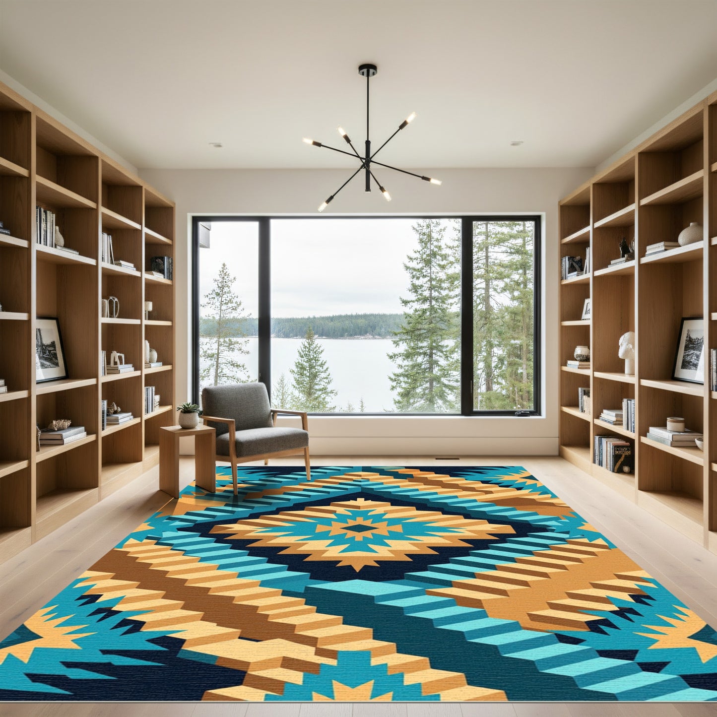 Isometric Teal and Gold Geo Staircase Rug
