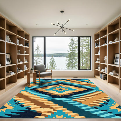 Isometric Teal and Gold Geo Staircase Rug
