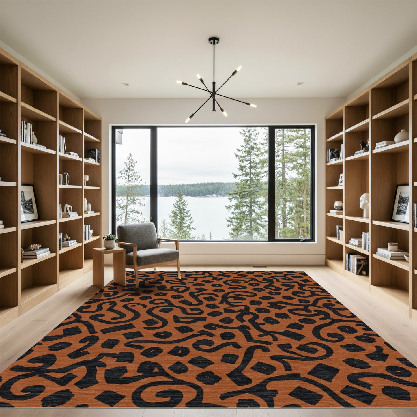 Earthy Brown Black Abstract Swirl Shapes Rug
