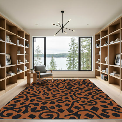 Earthy Brown Black Abstract Swirl Shapes Rug