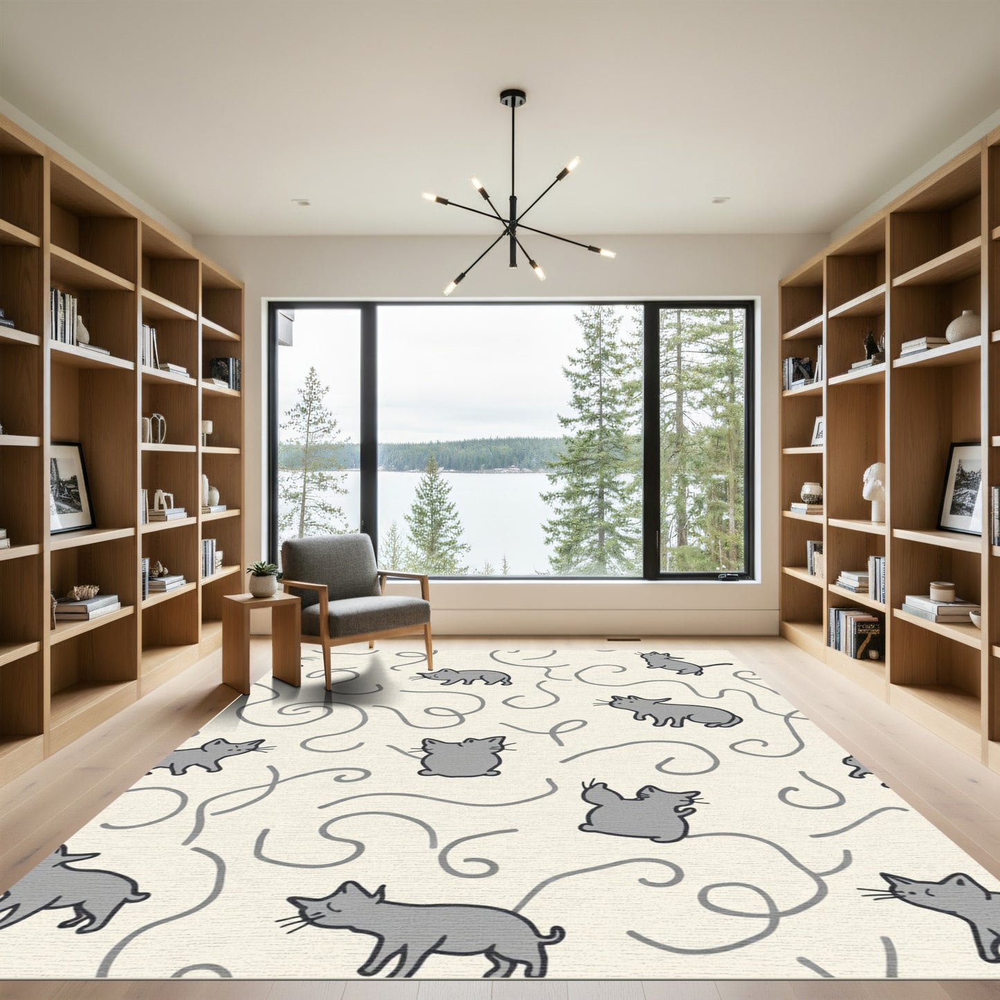 Playful Gray Kittens Swirling Lines Rug