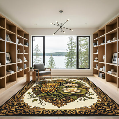 Gilded Botanical Gold Lotus Chrysanthemum Artwork Rug