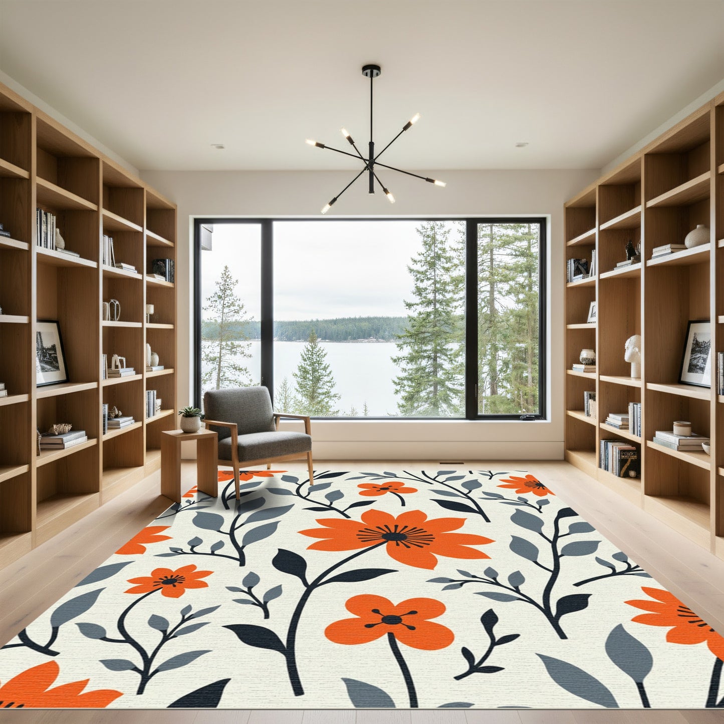 Vibrant Orange Floral Branch Composition Rug