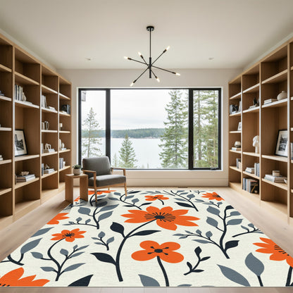 Vibrant Orange Floral Branch Composition Rug