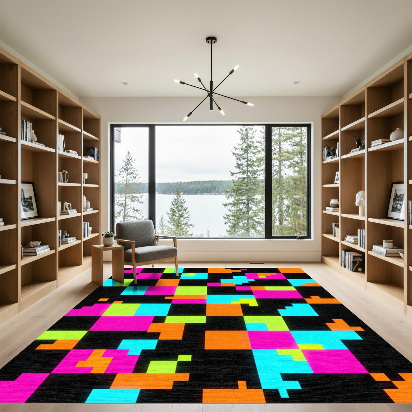 Neon Pixel Grid Abstract Fluorescent Rug