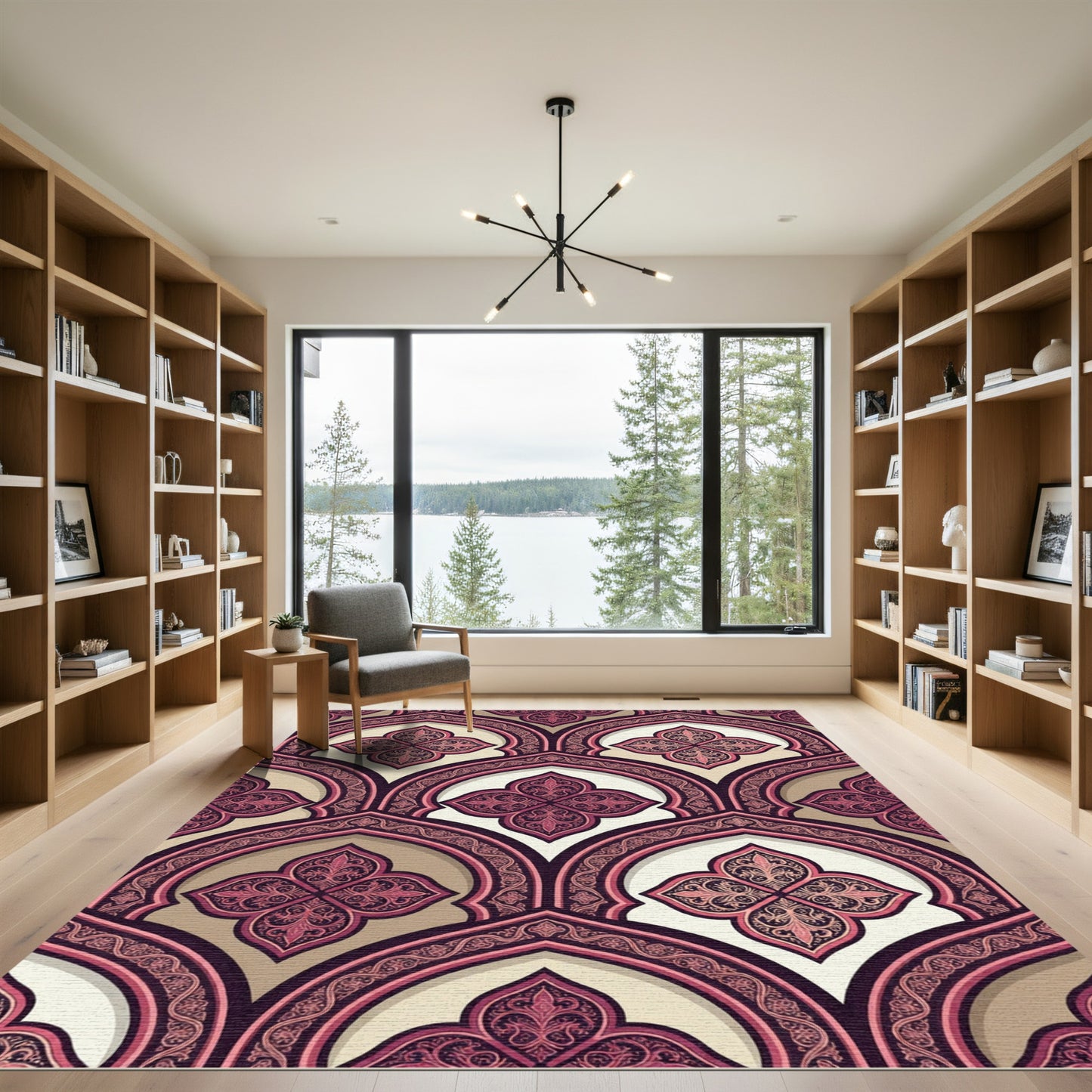 Ornate Crimson Quatrefoil Arch Rug