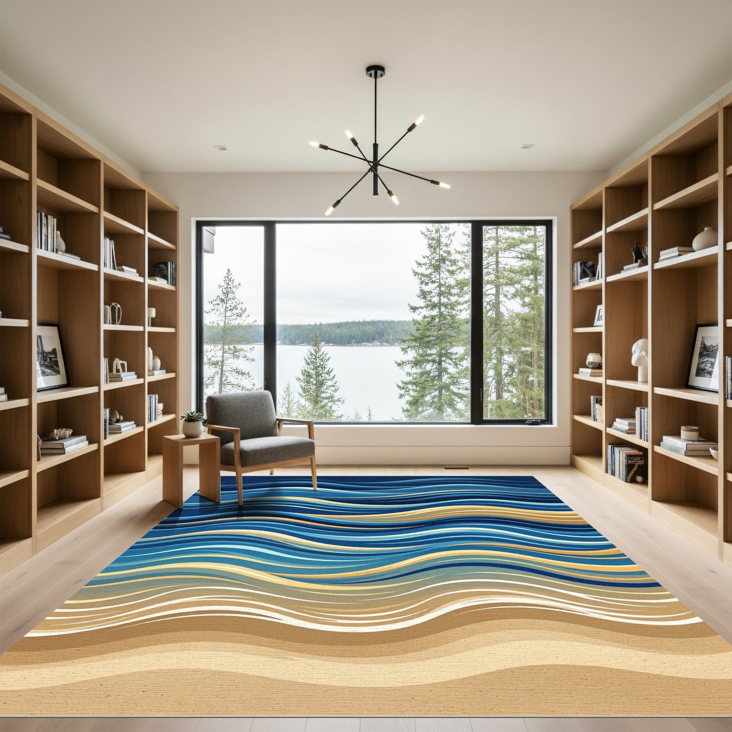Earthy Blue Gold Abstract Wavy Waves Rug