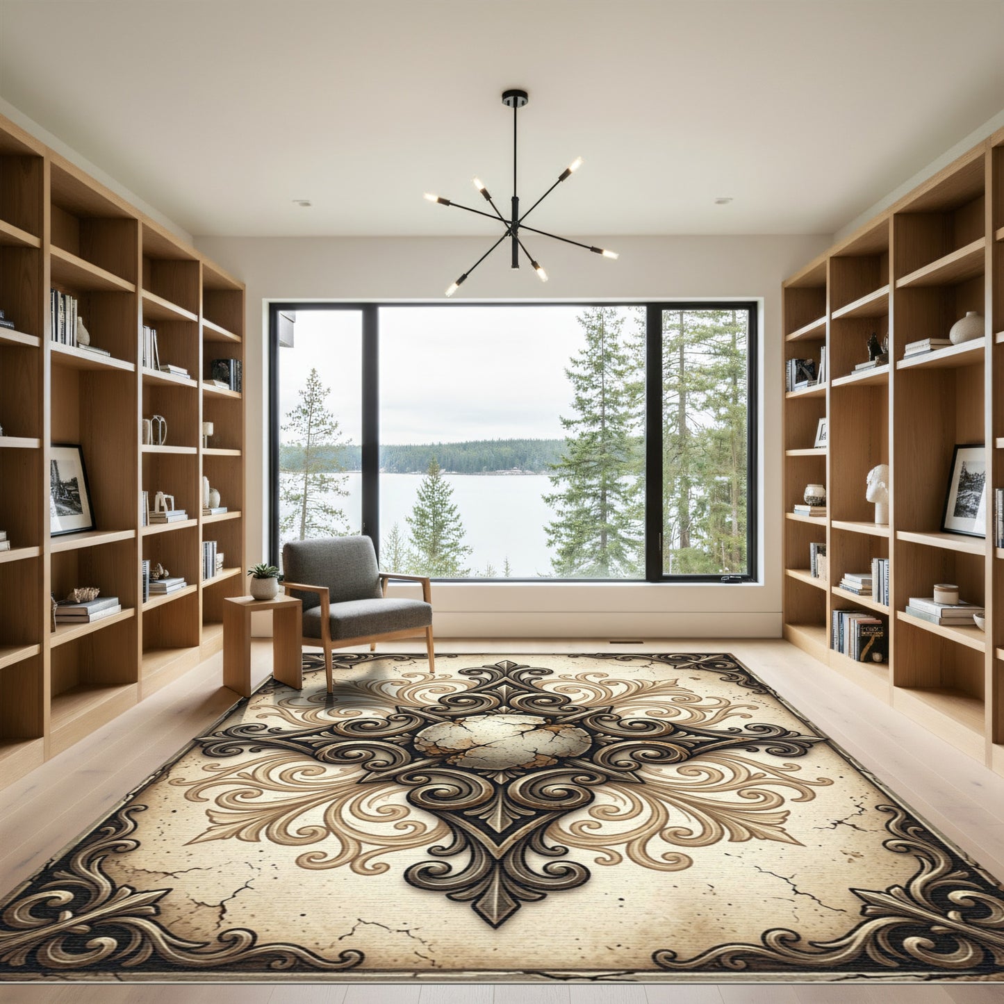 Antique Beige Cracked Stone Filigree Medallion Rug