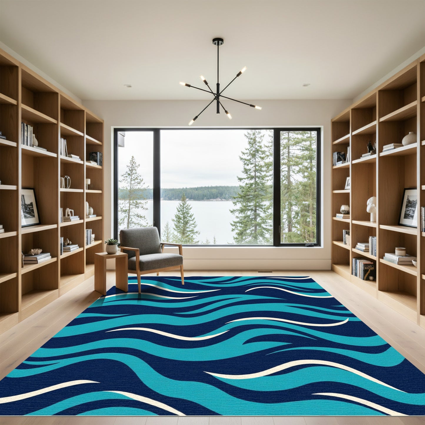 Deep Blue Teal Wave Composition Rug