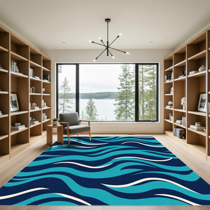 Deep Blue Teal Wave Composition Rug
