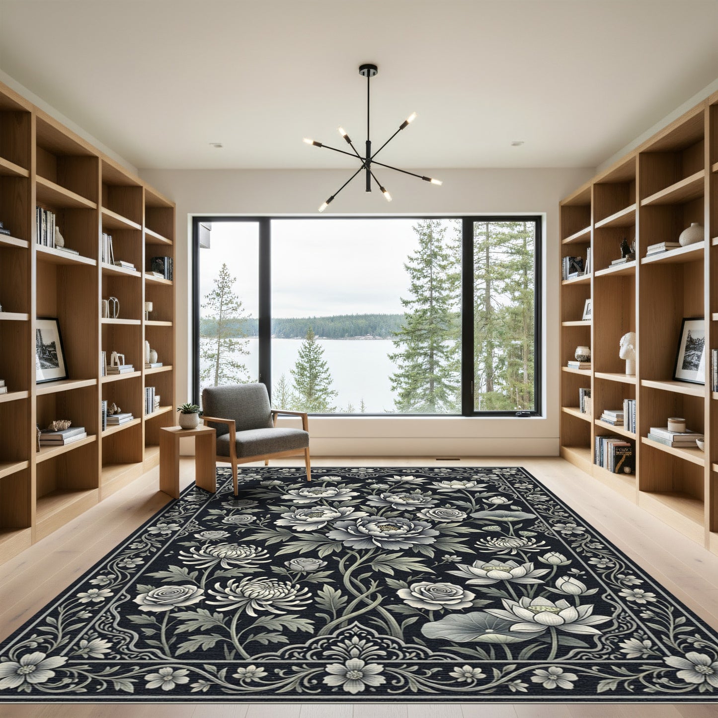 Monochromatic Floral Garden Border Rug