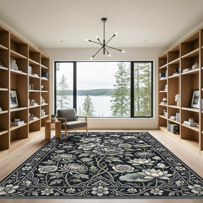Monochromatic Floral Garden Border Rug