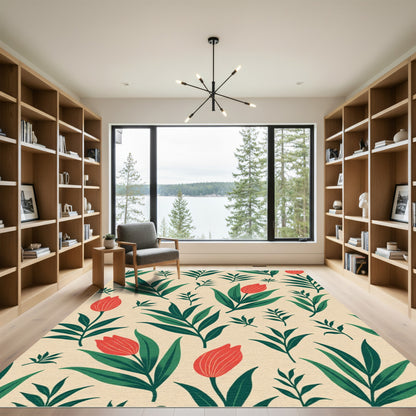 Red Tulip Garden Verdant Foliage Rug